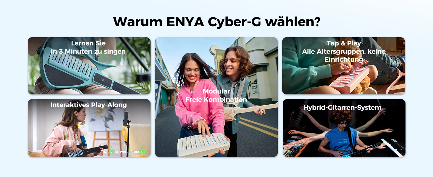 Smart-гітара Enya з генератором акордів, драм-машиною та басовою лінією. 20 звуків інструментів (електрогітара, акустична електрогітара, цифрове піаніно). Інтерактивні схеми акордів через додаток (модель Pick, Blue)