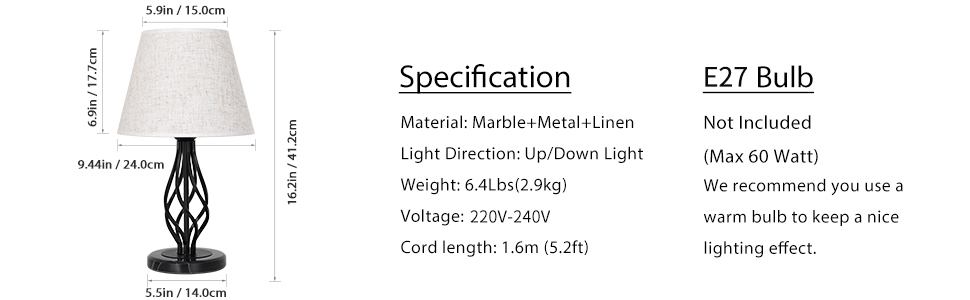 Настільна лампа YBING з льняним покриттям, 2 шт., для спальні, вітальні, комода. Пара ламп з чорного мармуру та льняним абажуром.