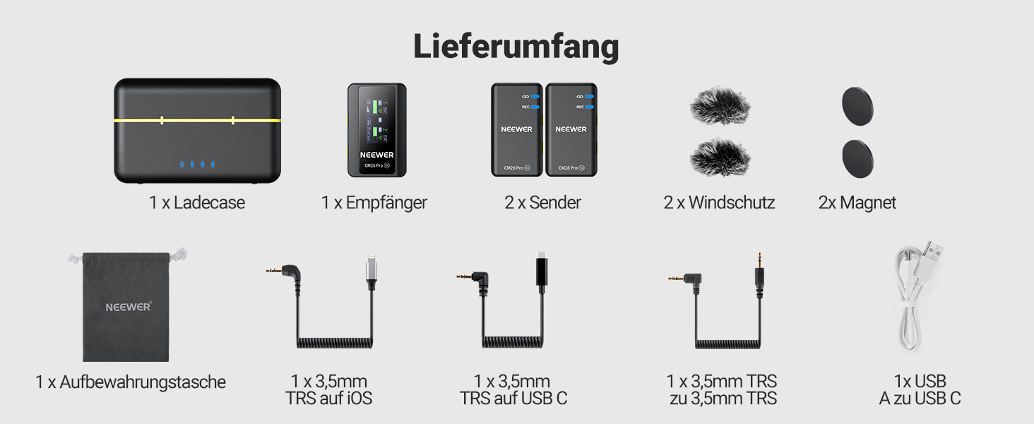 NEEWER CM28 Pro: Бездротове мікрофону з пригніченням шуму, 150м радіус дії, сумісний з iPhone, iPad, Android, DJI, Insta360, PC, Mac