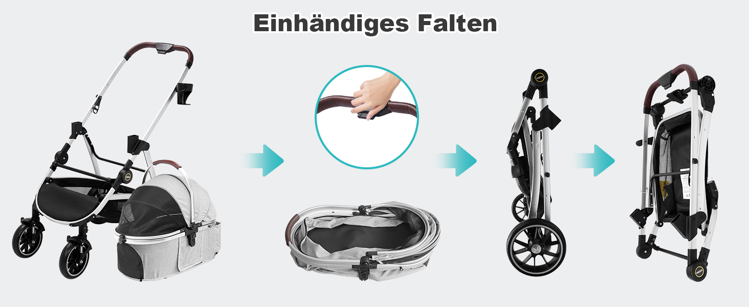 Візок для собак, складаний, до 25 кг, сірий. Алюмінієвий каркас, поворотні колеса, гальма, страхувальний ремінь, м'яке сидіння