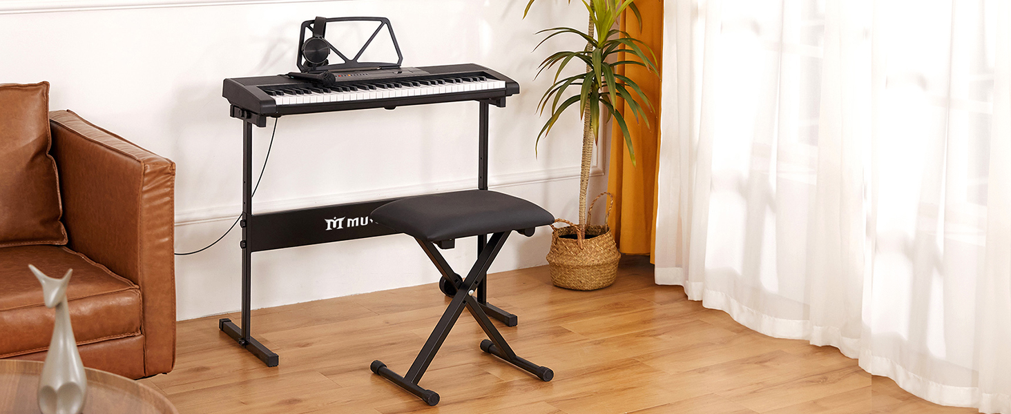 MUSTAR 61-клавішна клавіатура-піаніно для початківців, цифрова клавіатура з підсвічуванням, динаміками, стійкою, табуретом, навушниками, мікрофоном, підставкою для нот, 300 звуків та уроками гри, чорний колір