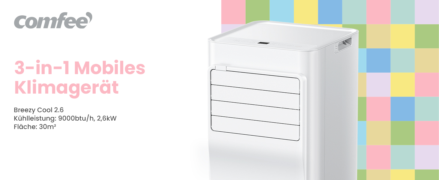 Мобільний кондиціонер Comfee Breezy Cool Pro 2.0, 7000 BTU (2.0kW), охолодження, вентиляція, осушення, керування через додаток, для кімнат до 68м³