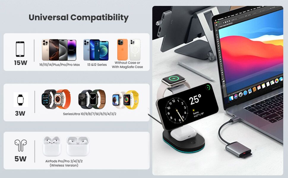 Бездротова зарядка 3-в-1 з MagSafe, USB-C та нічником для iPhone 16/15/14/13/12, Apple Watch та AirPods, A-Schwarz