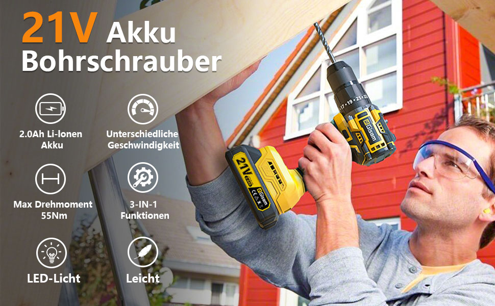 Акумуляторний шуруповерт 21V з набором 2 акумулятори 2.0Ah, 55Nm, 23+3 ступені, 10мм патрон, 2 швидкості, LED-ліхтик, 24шт аксесуарів та кейс для дому та саду