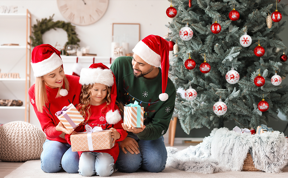 Шарм-кулі для ялинки з пластику, 16 шт. Червоні та білі прикраси для ялинки з стрічкою, декор до Різдва