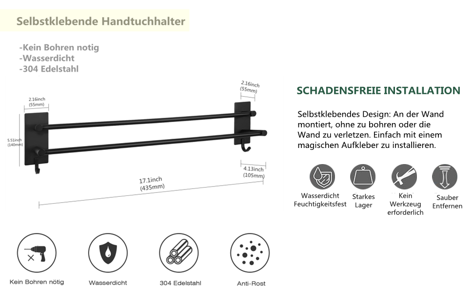 Тримач для рушників Vista без свердління, подвійний, 43.5 см, нержавіюча сталь, рушник-стійка для ванної кімнати, самоклеючий, для ванної кімнати та кухні (чорний)
