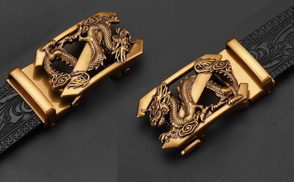 Чоловічий шкіряний ремінь з гравіюванням, вінтажний, з логотипом дракона, автоматична застібка, чорний, 122.5 см