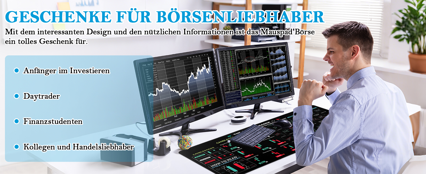 Ігровий килимок для миші XXL Trading Mauspad (900x400 мм) з принтом графіків для трейдерів та інвесторів, протиковзний килимок з прошитими краями