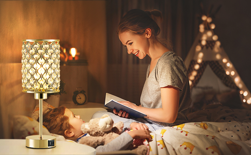 Кристалева лампа GyroVu Kristall для столу та приліжкові лампи з регулюванням яскравості, сенсорне керування, USB A+C порти, золотий колір, для вітальні та спальні (з лампочкою)