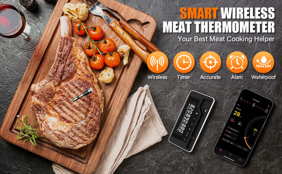Бездротовий термометр для м'яса з Bluetooth, для гриля, духовки, мангалу, ротисерії, Airfryer, IP67 водонепроникний