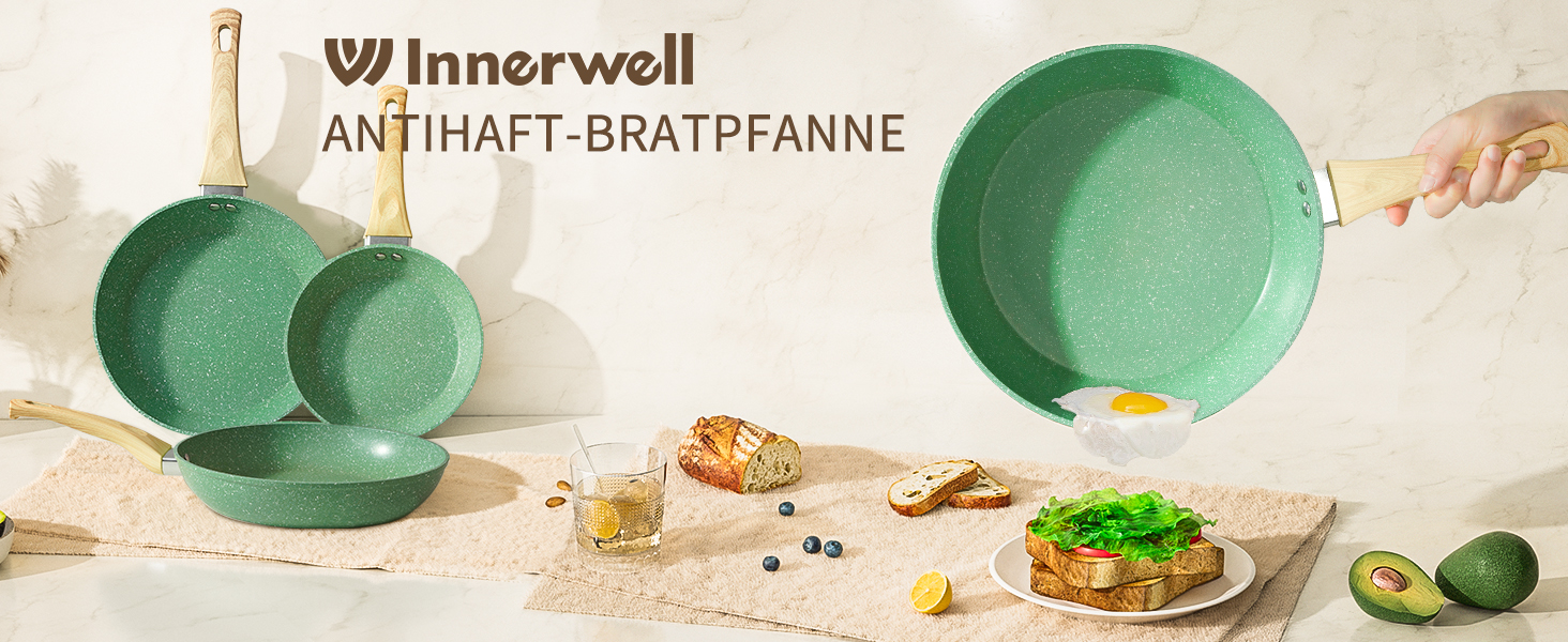 Набір сковорідок Innerwell з кришкою 3 шт. (20 см, 24 см, 28 см), індукційні сковороди з керамічним антипригарним покриттям, для професійного використання, сумісні з духовкою, без PFOA, придатні для миття в посудомийній машині, м'ятно-зелені