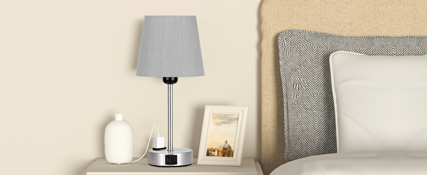 Настільна лампа Kakanuo з торшетом, 2 шт., з USB-портами та диммуванням, для спальні, вітальні, дитячої кімнати, офісу, тканинний абажур, колір: сірий-сріблястий