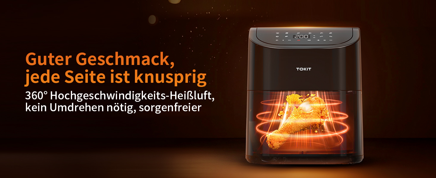 TOKIT Фритюрниця повітряна 1500W, 4.5L, 10 функцій, 360° циркуляція, низький вміст жиру, швидка приготування, компактна (чорний)