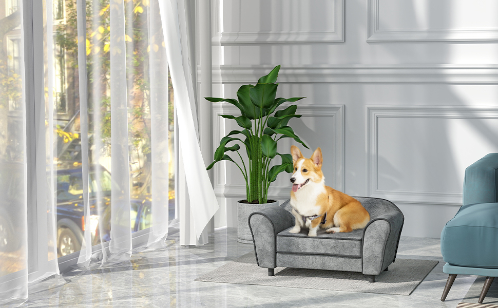 Диван для домашніх тварин PawHut: м'який, з підлокітником, з голландського велюру, сірий, 74 x 41 x 32,5 см