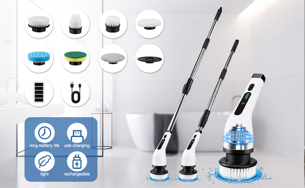 Електрична ротаційна щітка для прибирання будинку, набір з акумулятором, для ванної кімнати, з 7 змінними насадками, скребок для плитки, пристрій з регульованою ручкою, для підлоги та авто