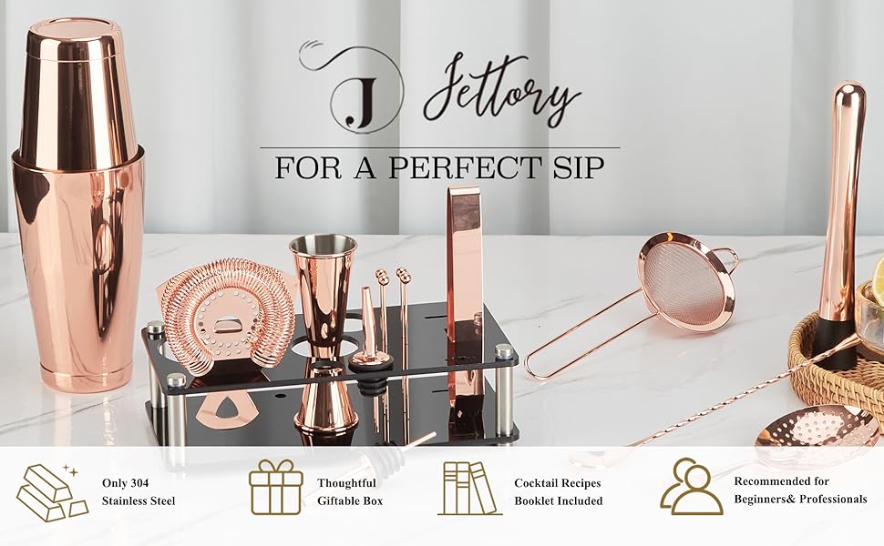Набір шейкерів Boston - 16 предметів, нержавіюча сталь, рожеве золото, з акриловою основою, сито, щипці для льоду, барна ложка, мірний стакан, мадлер, виливач для пляшок та коктейльні шпажки