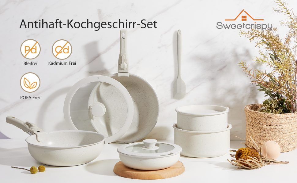 Набір посуду Sweetcrispy 12 предметів з антипригарним покриттям: каструлі, сковороди з знімними ручками (20/26 см, 18/20 см, 26 см) для індукційних плит та духовки, білий