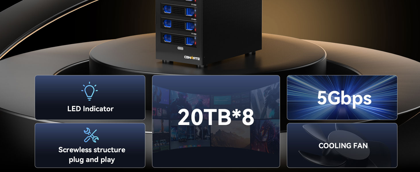 Корпус для жорстких дисків CENMATE з 8 відсіками (2.5'/3.5') SATA HDD/SSD, USB 3.0, Daisy Chain, DAS