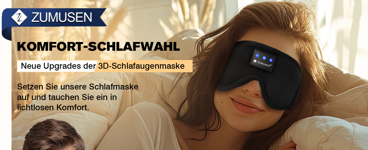 Маска для сну ZUMUSEN з навушниками Bluetooth V5.4, 3D маска для сну, повна світлонепроникність, регульована, для відпочинку, медитації, подорожей (Чорний)