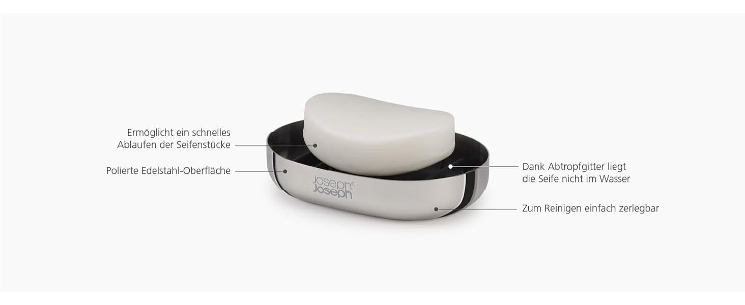 Joseph Joseph EasyStore - Luxury Quick Drain Soap Dish Holder made of Stainless Steel with Drip Tray - Steel