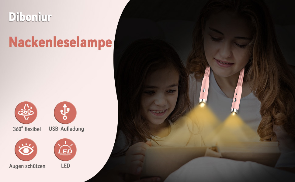 Лампа для рукоділля Diboniur на шию, акумуляторна, 3 кольори світла, 3 рівні яскравості, гнучка, USB для читання, в'язання, кемпінгу (Рожева)