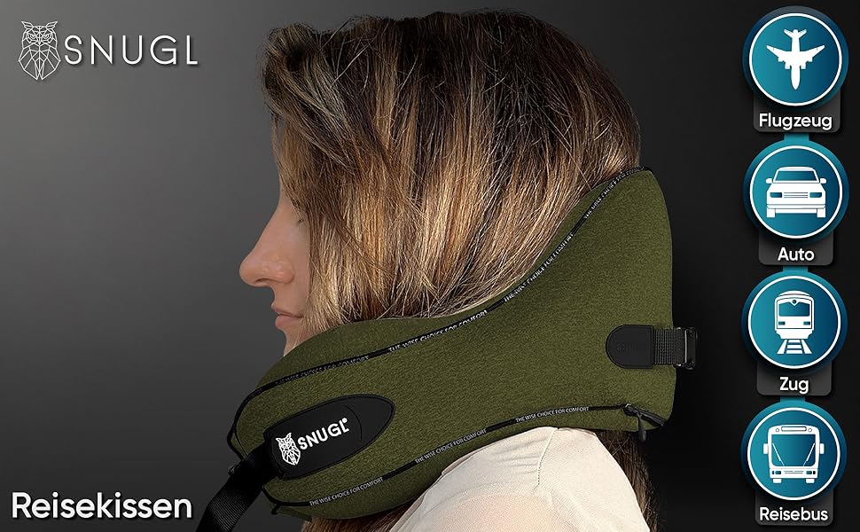 Подушка для шиї SNUGL з Memory Foam, регульована та миюча | Зручна подушка для подорожей на літаку, в авто та в дорогу | Подушка-шия, Neck Travel Pillow (доросла, маленька, оливковий)