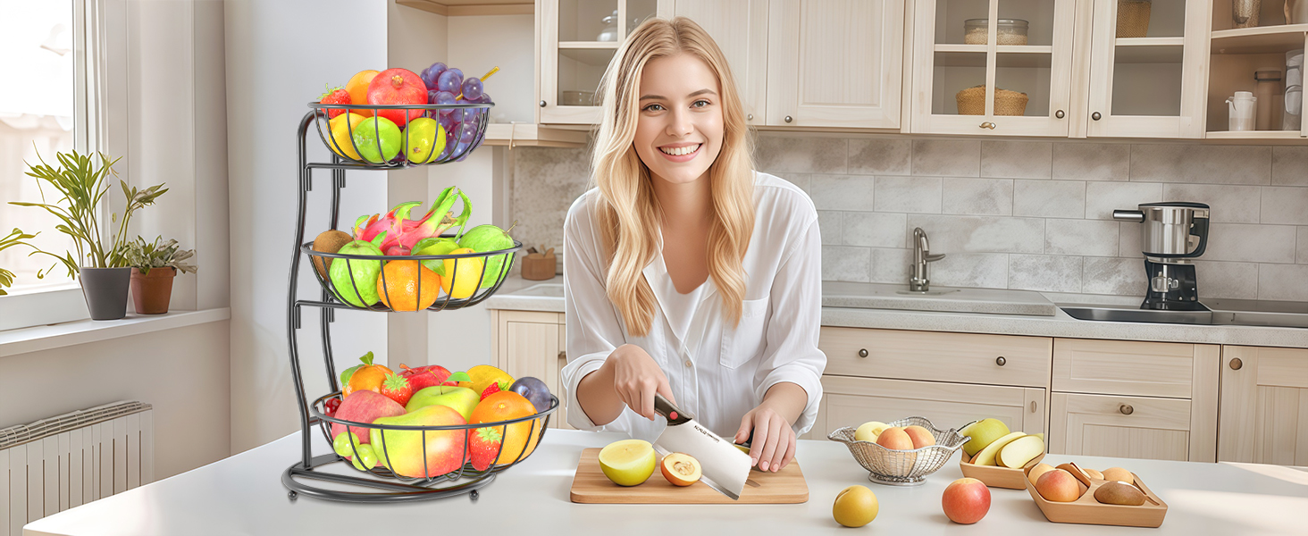 PouHenier 5-ярусная фруктова корзина для кухні, металева етажерка для фруктів та овочів, з тримачем для бананів, чорного кольору