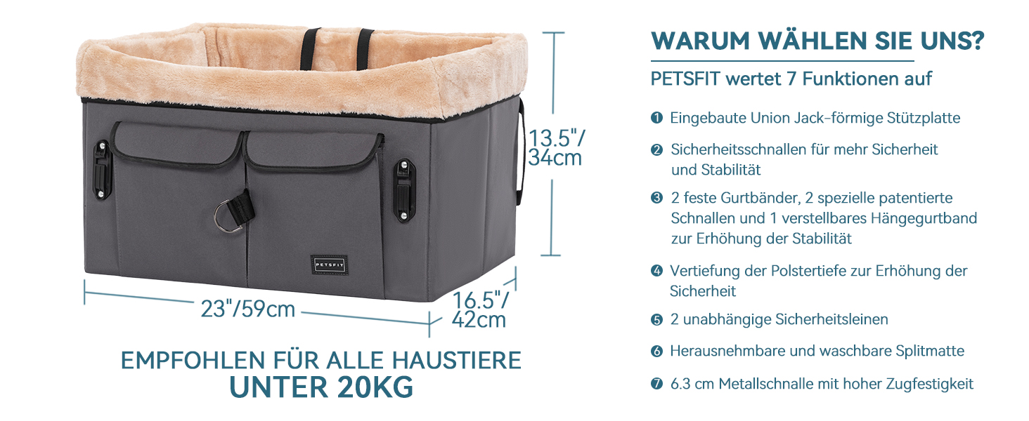 Автокрісло для собак Petsfit M, сірий: зручне автокрісло для середніх та 2 маленьких собак з підкладкою, ременями та кишенею