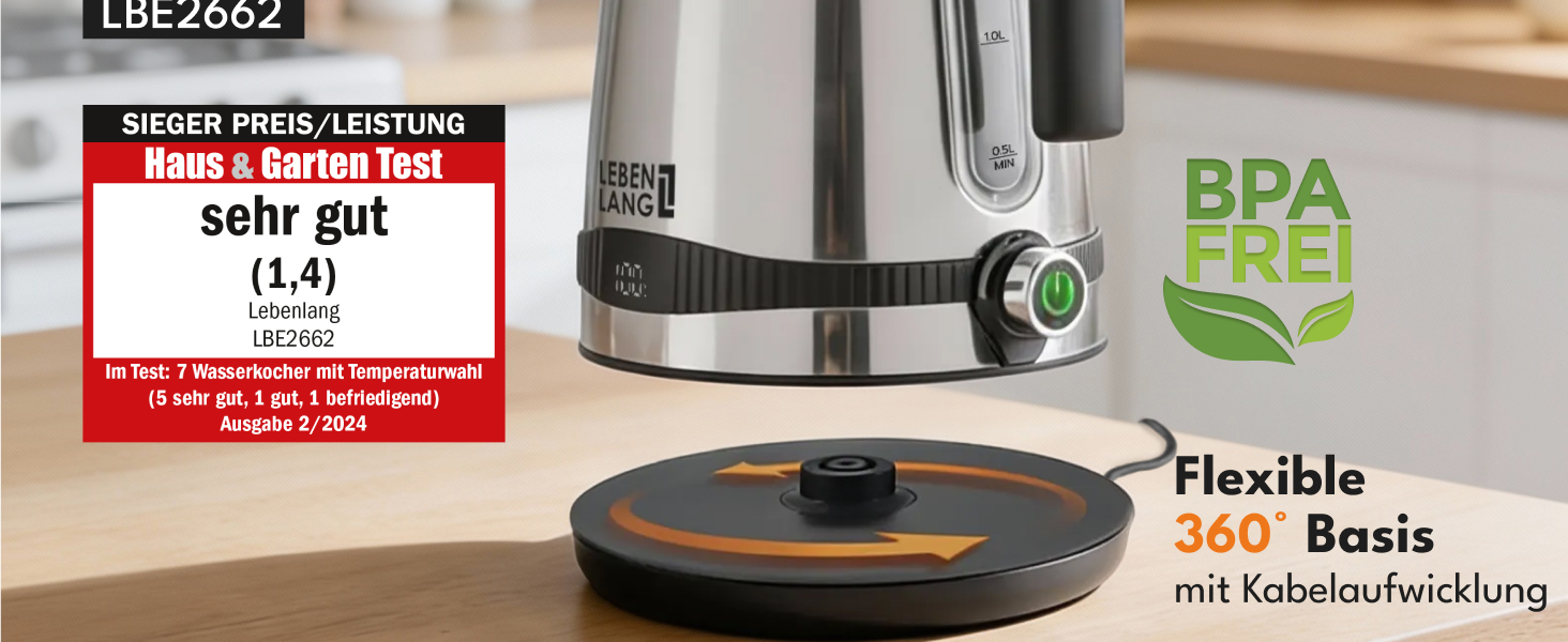 Чайник електричний LEBENLANG з нержавіючої сталі з регулюванням температури, тихий, з дисплеєм та функцією підтримання тепла - 1,7 л, 2200W, ретро без пластику
