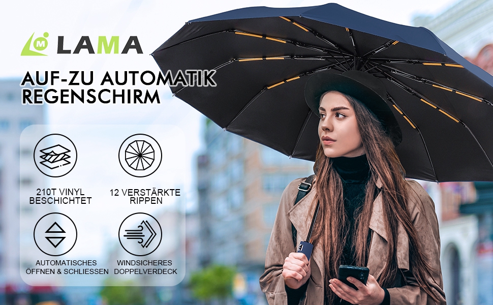 LAMA Гольф-парасолька LAMA: Стійкий до вітру, автоматичний парасолька 105см, 12 спиць, нейлон 210T, анти-UV, для подорожей (Темно-синій)