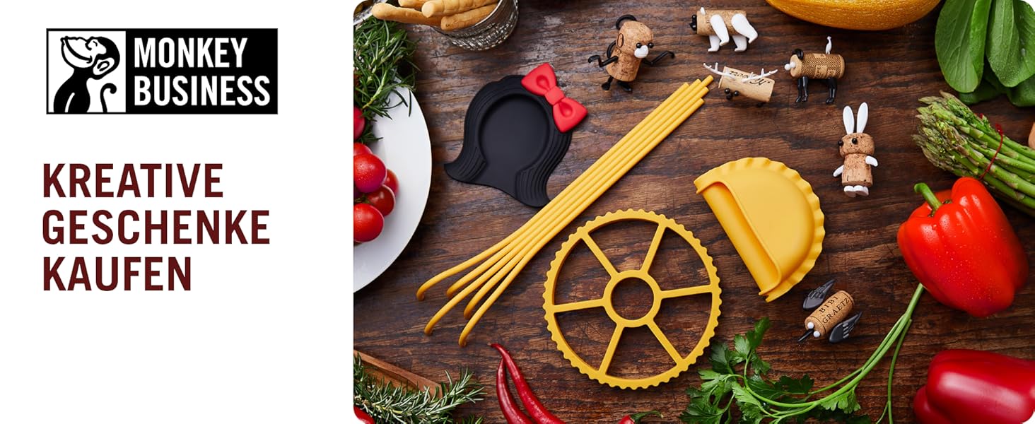 Набір силіконових кухонних інструментів Monkey Business Pasta Grande №3: ложка для спагеті, прес для лимонів Conchiglie, підставка для ложок Ravioli, подарункова упаковка