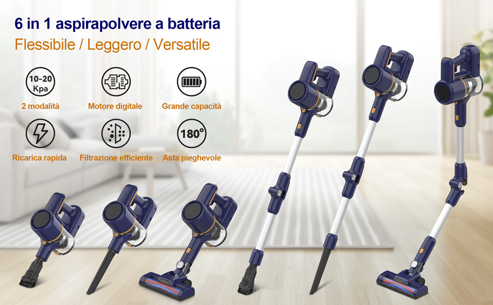 Бездротовий пилосос, електрична підміталка 6 в 1, 20 kPa, 40 хв роботи, LED-підсвічування, фільтри-губки, для підлоги, килима, шерсті тварин