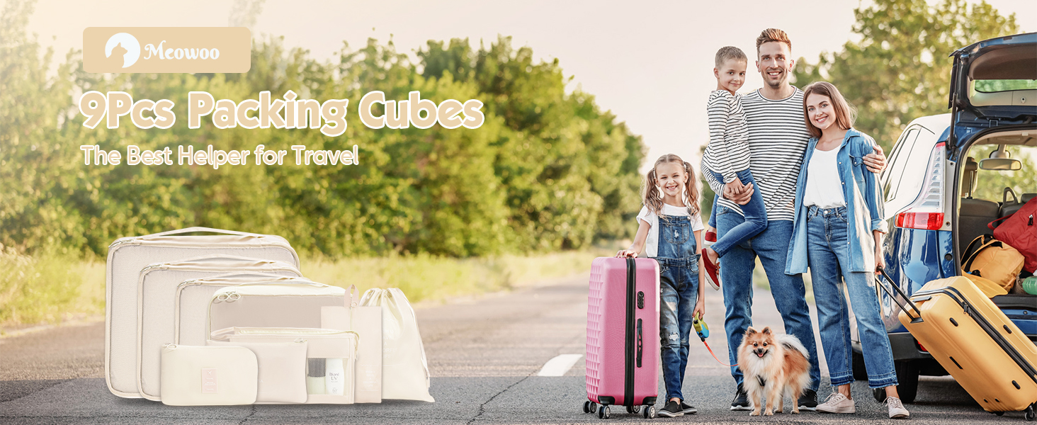 Органайзер для валізи Meowoo, 8-кількість, набір кубиків для пакування, для подорожей та бізнесу, з кишенями для одягу, для зберігання багажу, система організації (Бежевий-9шт)