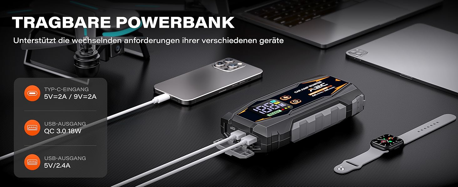 Powerbank A2C Starthilfe: Зарядний пристрій для автомобіля, 16800mAh, 12V, з LED-індикатором та світлом, підтримка PD/QC 3.0, 3 USB