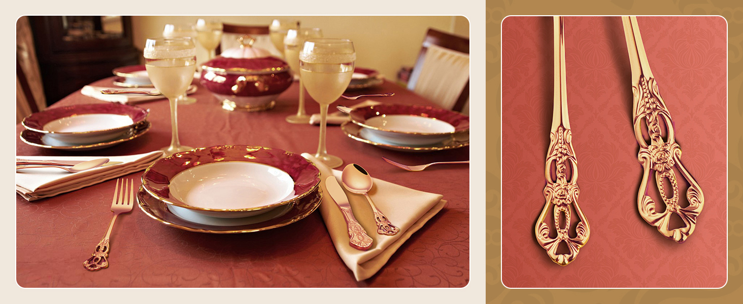 Набір столових приборів Retro на 6 осіб з нержавіючої сталі (рожеве золото, 24 предмети) - вишуканий сервіз в античному бароковому стилі: виделки, ложки, ножі