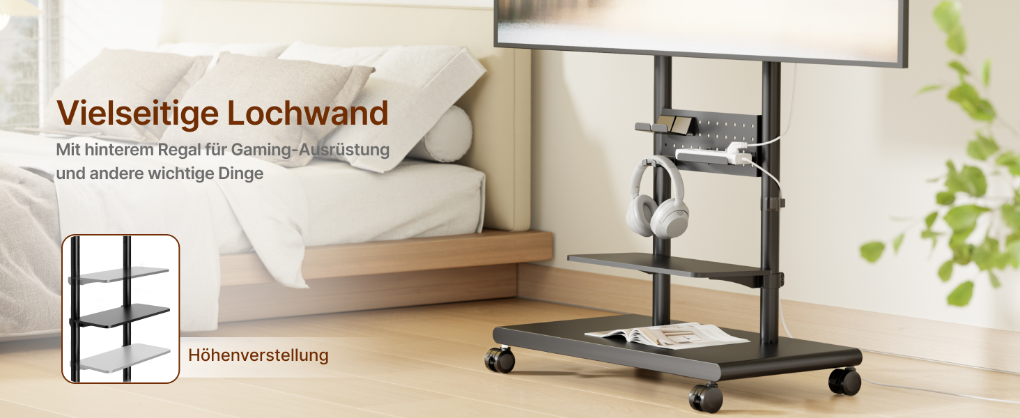 Підставка для телевізора на колесах, 50-90 дюймів, до 70 кг, регульована висота та нахил, з полицями, VESA 600x400 мм