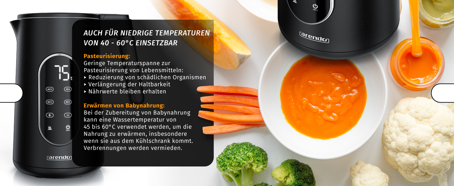 Електричний чайник Arendo з регулюванням температури, нержавіюча сталь, подвійні стінки Cool Touch, дисплей, бездротовий, 2200 Вт, 1,7 л, захист від перегріву, функція підтримання тепла, чорний