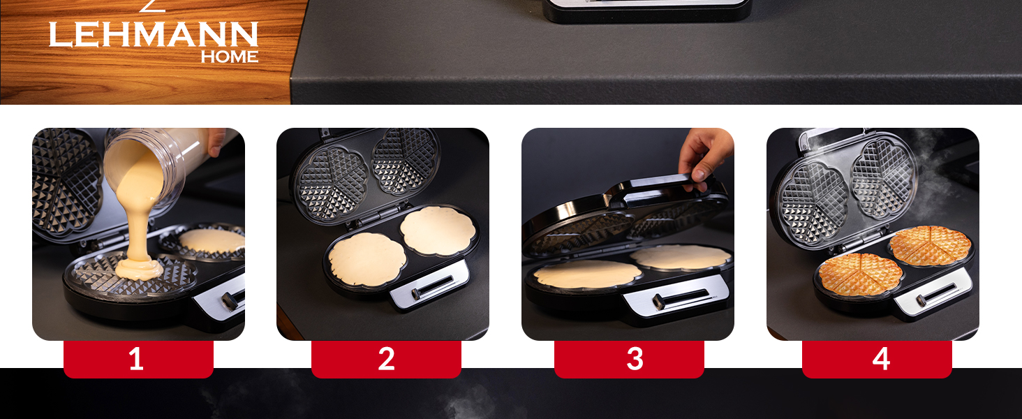 Вафельниця LEHMANN Doppel Waffeleisen Herzform - для випікання 10 вафель у формі серця, з антипригарним покриттям, регулюванням температури, індикатором нагріву, 1200W, чорний/срібний