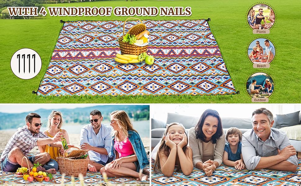 Плед для пікніка Boho водонепроникний XL (200x300 см) з ручкою та кілочками для пляжу, кемпінгу, парку – Boho стиль