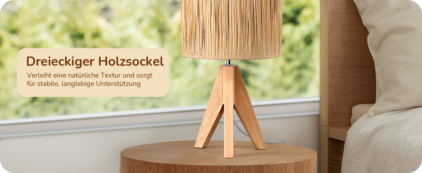 EDISHINE Настільна лампа з ручним плетінням, тепле світло 2700K, з дерев'яною підставкою, Boho стиль, для спальні, вітальні, готелю, з LED лампою E27 4W (рафія)