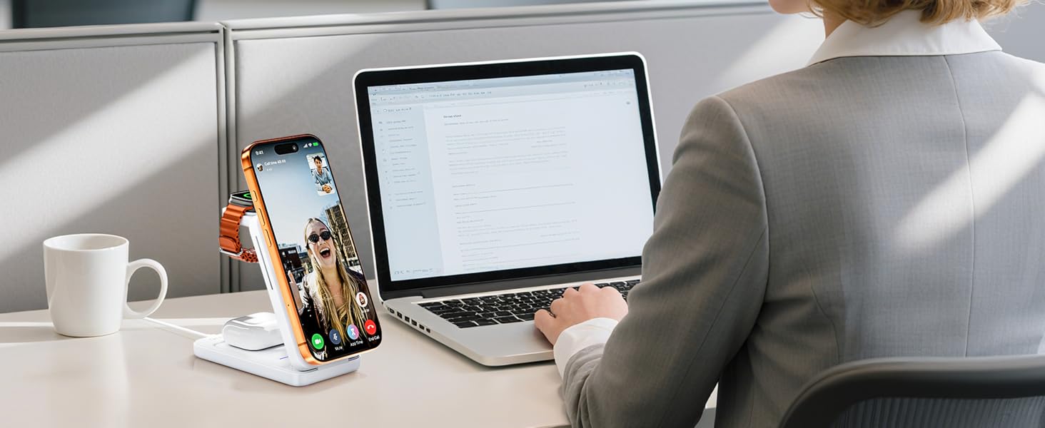 Зарядна станція 3-в-1 KPON для Apple Watch та iPhone з MagSafe, 20W, біла - Швидка зарядка для iPhone 17-12, Apple Watch 11-2, AirPods, портативна для подорожей та офісу