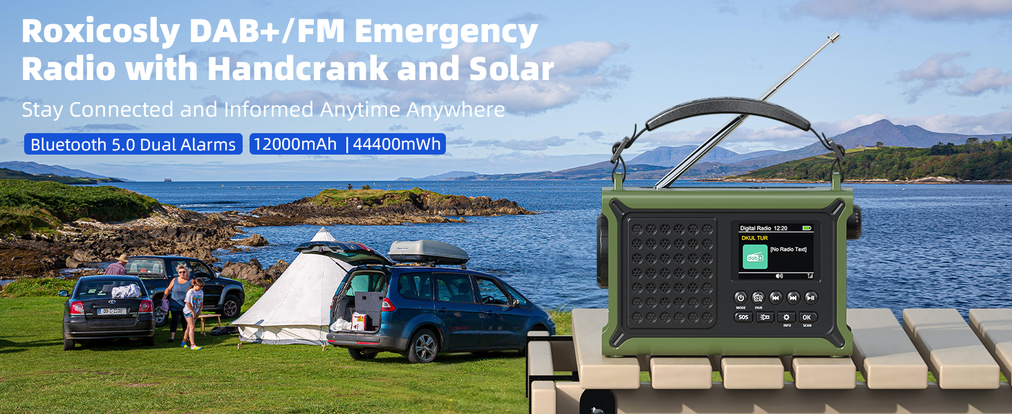 Радіоприймач Kurbelradio з DAB/DAB+/UKW, сонячною панеллю 8500 мм², акумулятором 12000 mAh та ручним генератором 650 mA. Радіо з Bluetooth 5.0, ліхтарик, зарядний пристрій USB, для кемпінгу та надзвичайних ситуацій (зелений)