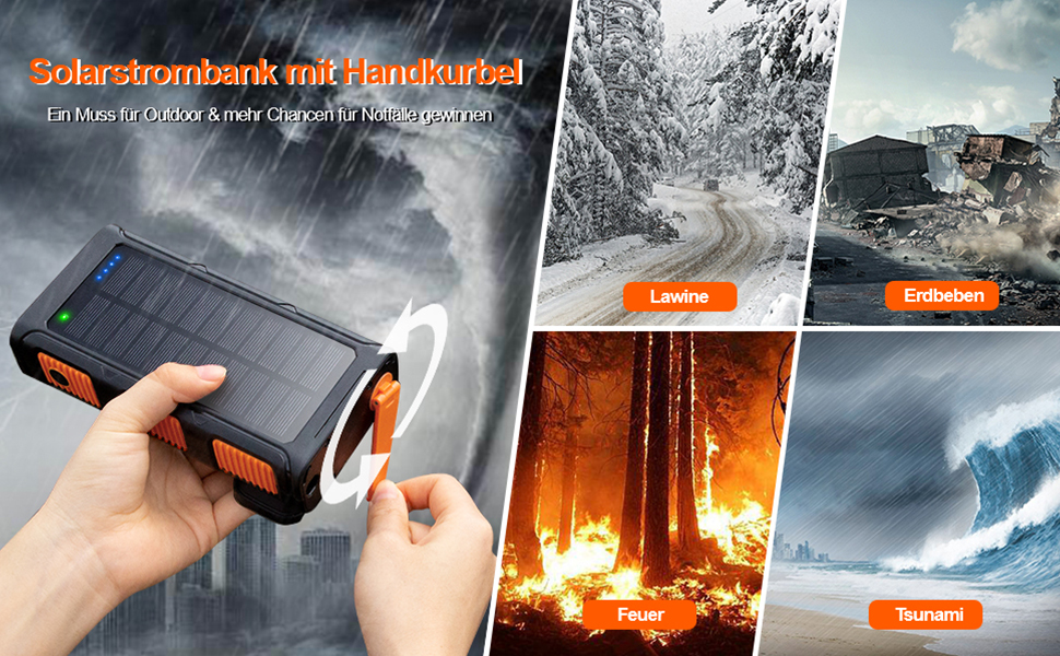 Портативний зарядний пристрій Powerbank 26800 mAh з сонячною панеллю та ручкою, 4 кабелі, USB-C, швидка зарядка, 7 виходів, 4 входи, для мобільного телефону, водонепроникний, зовнішній акумулятор для кемпінгу, оранжевий