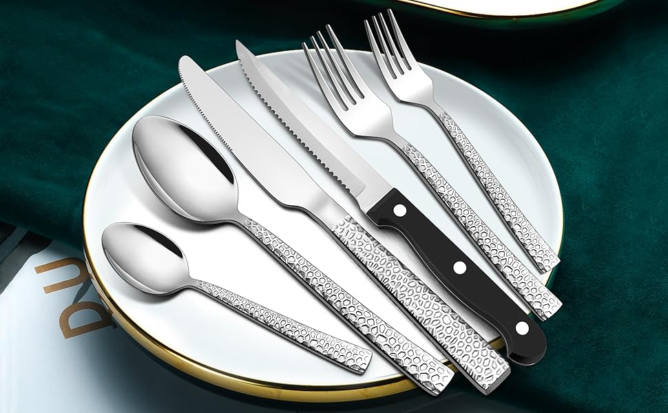 Homikit Cutlery Set, 36-Piece Cutlery Set with Steak Knives, Stainless Steel Polished Eating Cutlery for 6 People with Spoon, Knife, Fork, Hammered Flatware, Rust-Proof & Dishwasher Safe