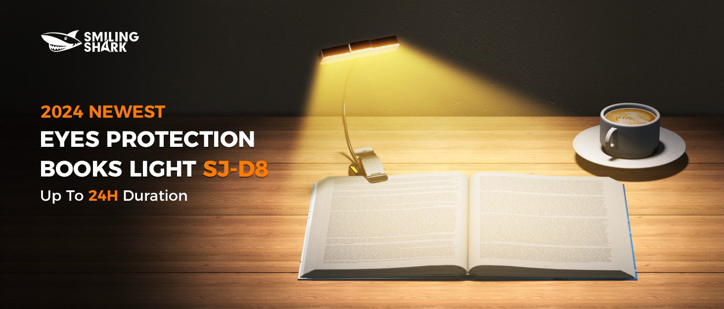 Ліхтарик для читання Smiling Shark LED, USB, 1200 mAh, 3 режими кольору, 6 режимів яскравості, гнучкий, з кліпсою та датчиком, індикатор батареї