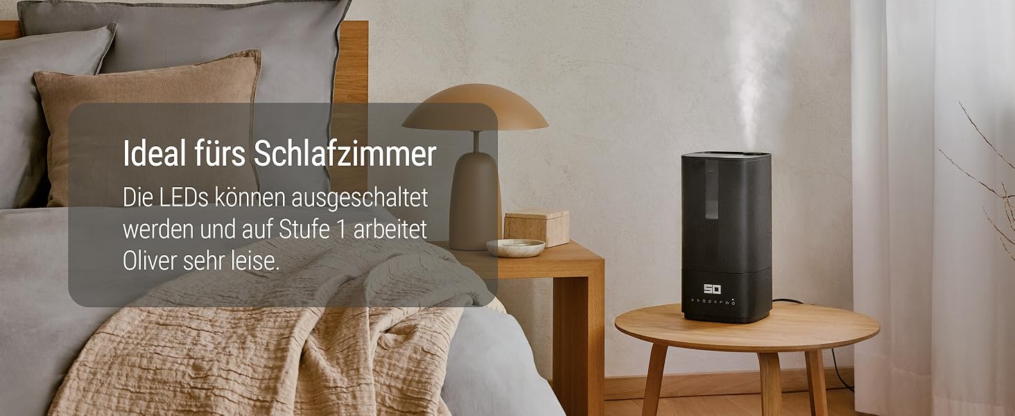 Зволожувач повітря Stadler Form Oliver, для великих приміщень до 60 м², тихий, компактний, потужний, 6 режимів, авто-режим, вимкнення LED, бездимний туман, чорний