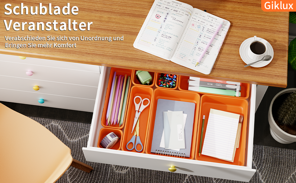 45 Piece Drawer Organizer Set for Office with 3 Sizes, Vanity Makeup Organizer Drawer, Storage Desk Organizer Drawer System for Kitchens, Bedrooms, Bathrooms, Office, Grey (3 - Sizes, Orange (45 Pieces))