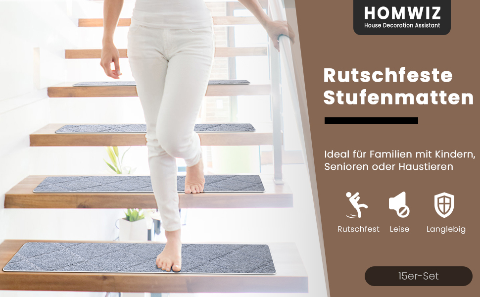 Килимок на сходи, 15 шт., самоклеючий, антиковзкий, для дому, можна різати, багаторазовий, захист від ковзання для дітей, домашніх тварин та літніх людей (55х19 см) (65х20 см, сірий)