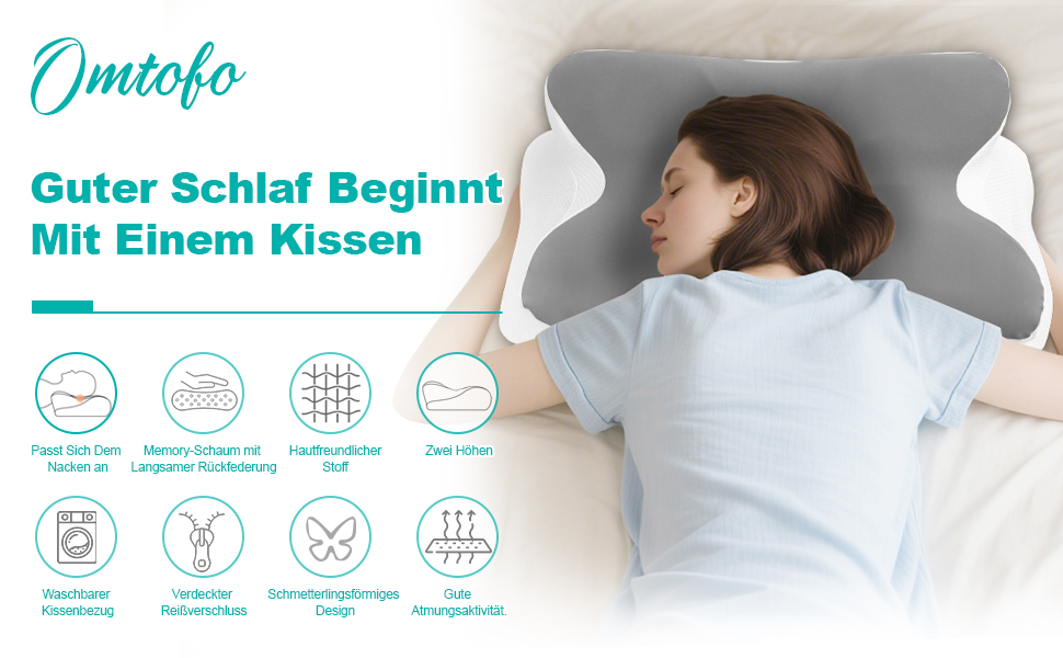 Ортопедична подушка Omtofo з піною з пам'яті для шиї, спини та сну на животі, 63 x 42.5 x 13.8/9 см