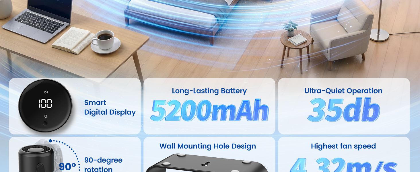 Вентилятор EasyAcc 5200mAh портативний акумуляторний з LED-дисплеєм, 100 швидкостей, для кемпінгу, подорожей та офісу - Чорний